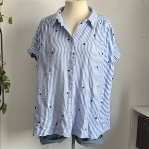 Soft Blue striped button-up shirt with black stars